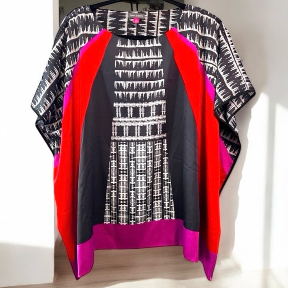 Vince Camuto Silk Top Mixed Print Blouse XS Stretch Boat Neck Tunic Colorful